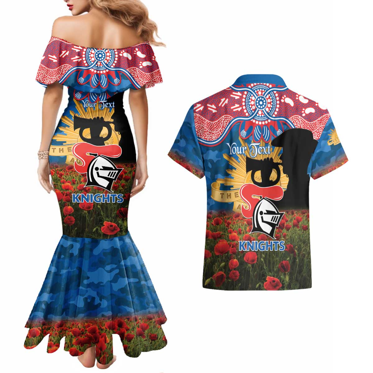 Personalised Knights Rugby ANZAC Day Couples Matching Mermaid Dress and Hawaiian Shirt Last Post Poppy We Will Remember Them