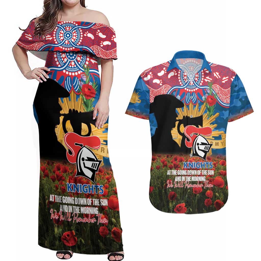 Personalised Knights Rugby ANZAC Day Couples Matching Off Shoulder Maxi Dress and Hawaiian Shirt Last Post Poppy We Will Remember Them