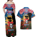 Personalised Knights Rugby ANZAC Day Couples Matching Off Shoulder Maxi Dress and Hawaiian Shirt Last Post Poppy We Will Remember Them