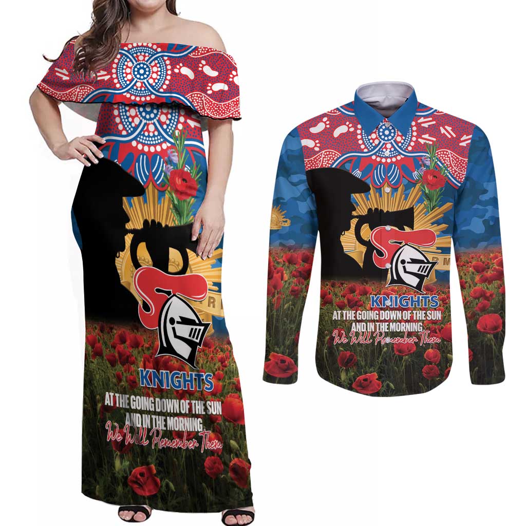 Personalised Knights Rugby ANZAC Day Couples Matching Off Shoulder Maxi Dress and Long Sleeve Button Shirt Last Post Poppy We Will Remember Them