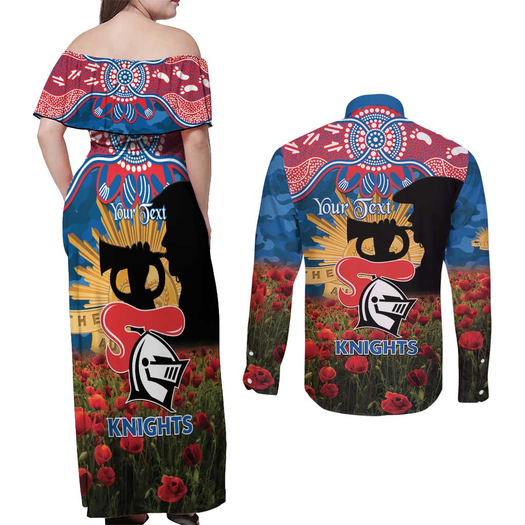 Personalised Knights Rugby ANZAC Day Couples Matching Off Shoulder Maxi Dress and Long Sleeve Button Shirt Last Post Poppy We Will Remember Them
