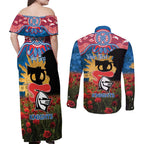 Personalised Knights Rugby ANZAC Day Couples Matching Off Shoulder Maxi Dress and Long Sleeve Button Shirt Last Post Poppy We Will Remember Them