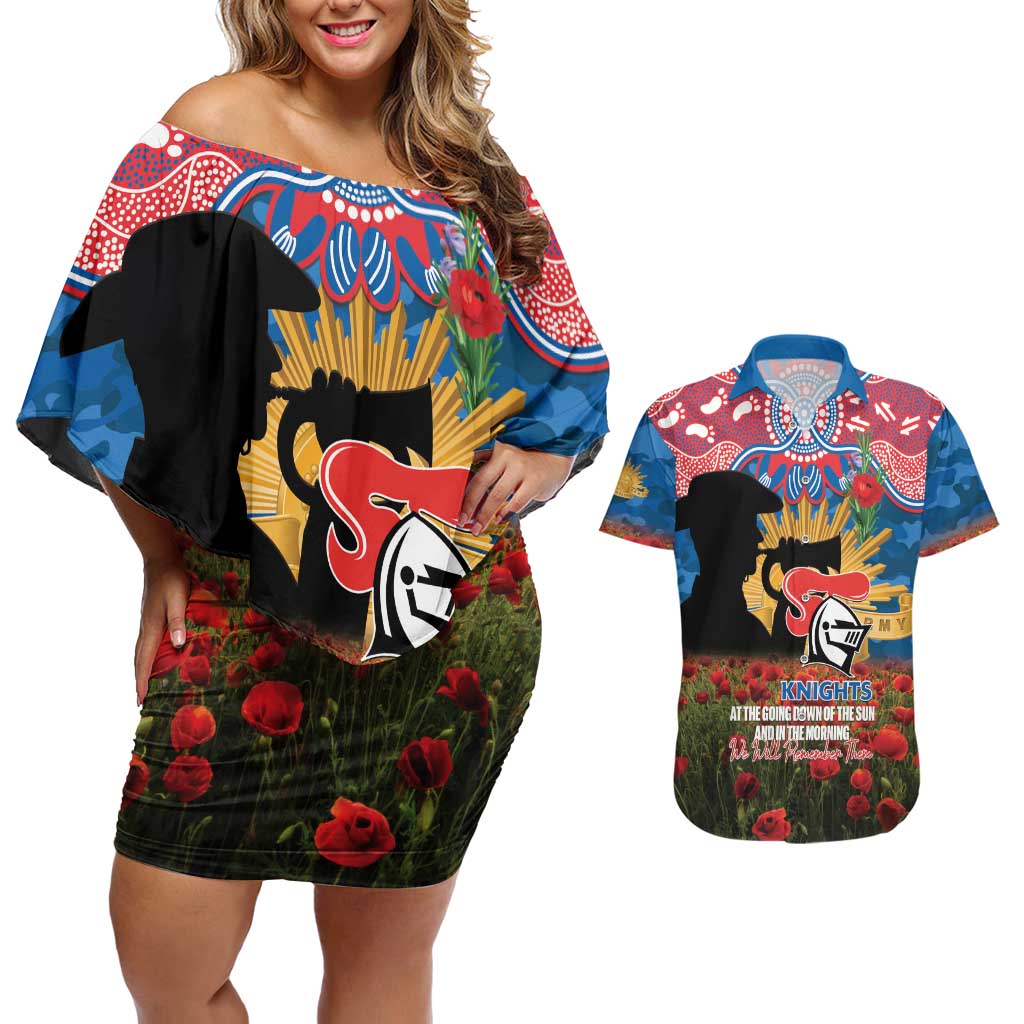 Personalised Knights Rugby ANZAC Day Couples Matching Off Shoulder Short Dress and Hawaiian Shirt Last Post Poppy We Will Remember Them
