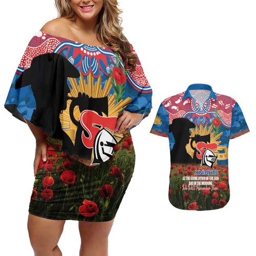 Personalised Knights Rugby ANZAC Day Couples Matching Off Shoulder Short Dress and Hawaiian Shirt Last Post Poppy We Will Remember Them