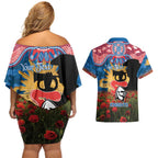 Personalised Knights Rugby ANZAC Day Couples Matching Off Shoulder Short Dress and Hawaiian Shirt Last Post Poppy We Will Remember Them
