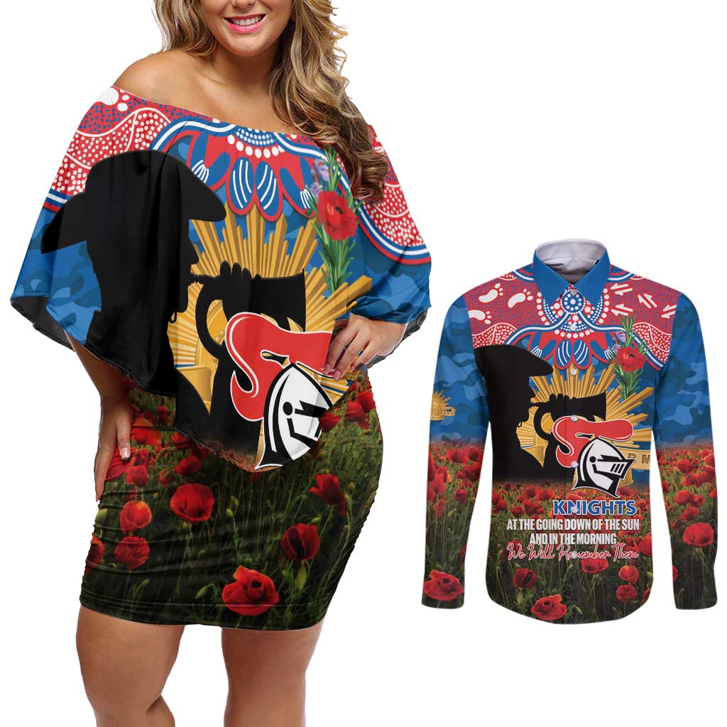 Personalised Knights Rugby ANZAC Day Couples Matching Off Shoulder Short Dress and Long Sleeve Button Shirt Last Post Poppy We Will Remember Them