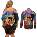Personalised Knights Rugby ANZAC Day Couples Matching Off Shoulder Short Dress and Long Sleeve Button Shirt Last Post Poppy We Will Remember Them