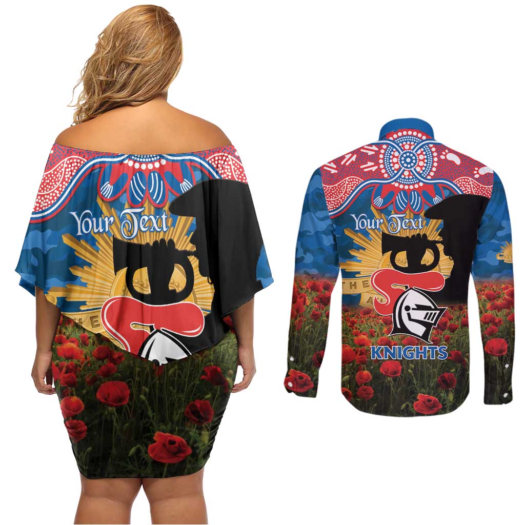 Personalised Knights Rugby ANZAC Day Couples Matching Off Shoulder Short Dress and Long Sleeve Button Shirt Last Post Poppy We Will Remember Them