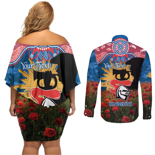 Personalised Knights Rugby ANZAC Day Couples Matching Off Shoulder Short Dress and Long Sleeve Button Shirt Last Post Poppy We Will Remember Them