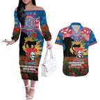Personalised Knights Rugby ANZAC Day Couples Matching Off The Shoulder Long Sleeve Dress and Hawaiian Shirt Last Post Poppy We Will Remember Them