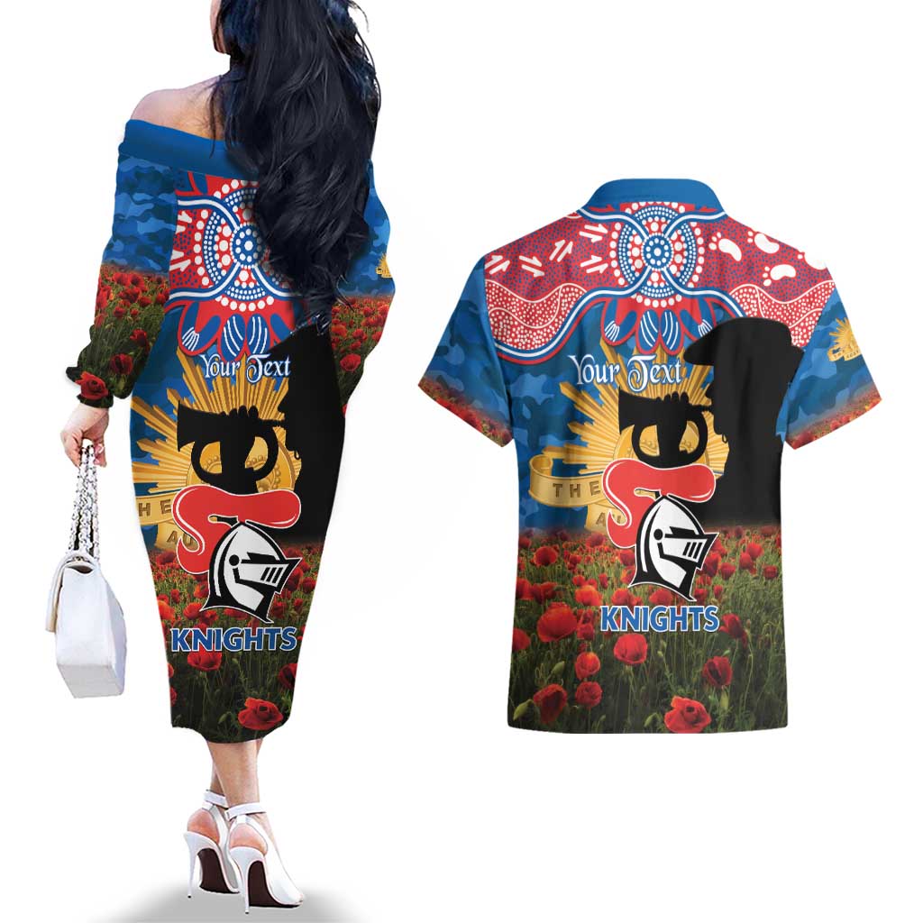 Personalised Knights Rugby ANZAC Day Couples Matching Off The Shoulder Long Sleeve Dress and Hawaiian Shirt Last Post Poppy We Will Remember Them