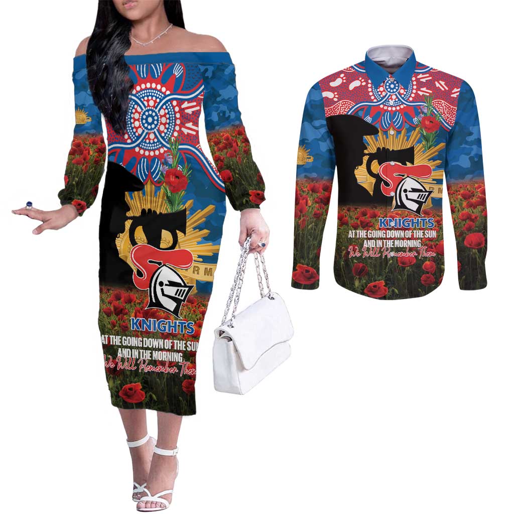 Personalised Knights Rugby ANZAC Day Couples Matching Off The Shoulder Long Sleeve Dress and Long Sleeve Button Shirt Last Post Poppy We Will Remember Them