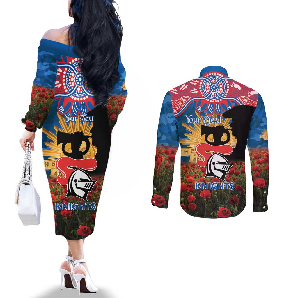 Personalised Knights Rugby ANZAC Day Couples Matching Off The Shoulder Long Sleeve Dress and Long Sleeve Button Shirt Last Post Poppy We Will Remember Them