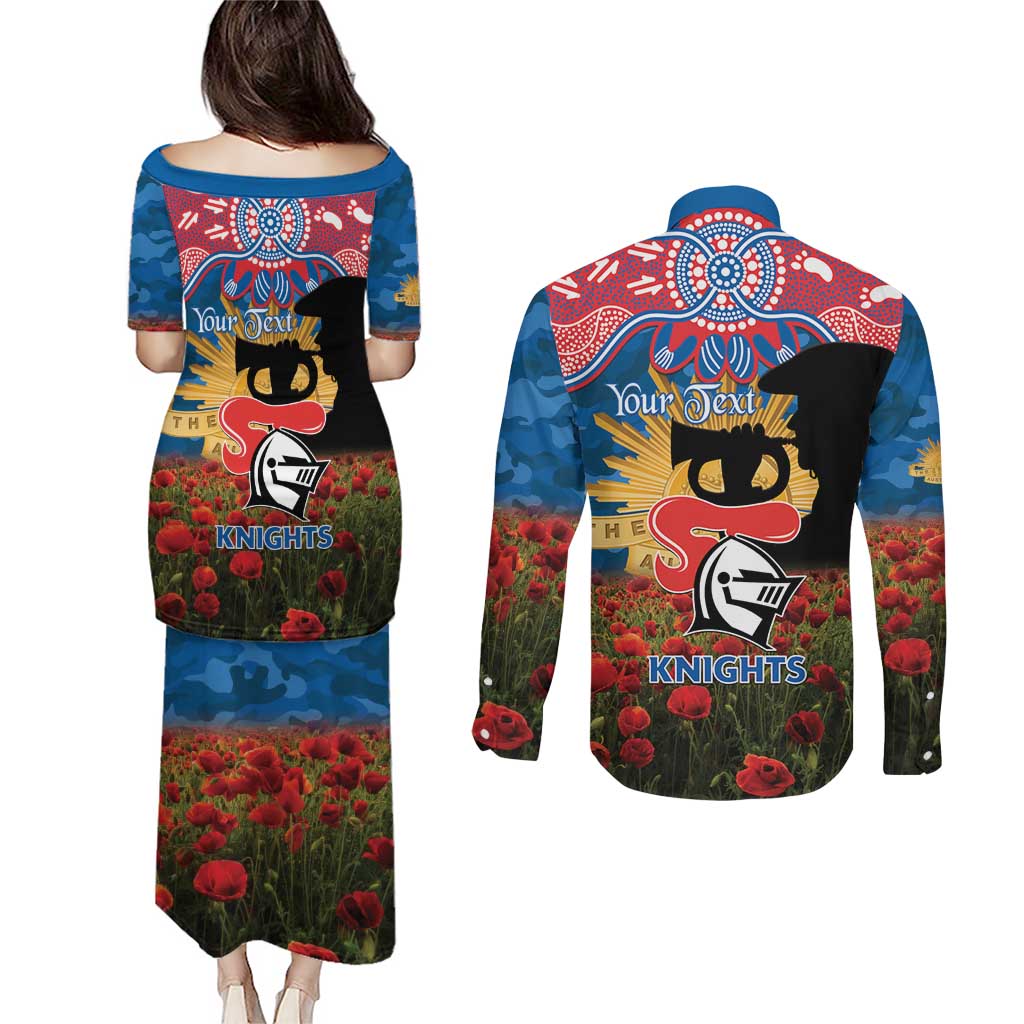 Personalised Knights Rugby ANZAC Day Couples Matching Puletasi and Long Sleeve Button Shirt Last Post Poppy We Will Remember Them