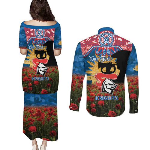 Personalised Knights Rugby ANZAC Day Couples Matching Puletasi and Long Sleeve Button Shirt Last Post Poppy We Will Remember Them