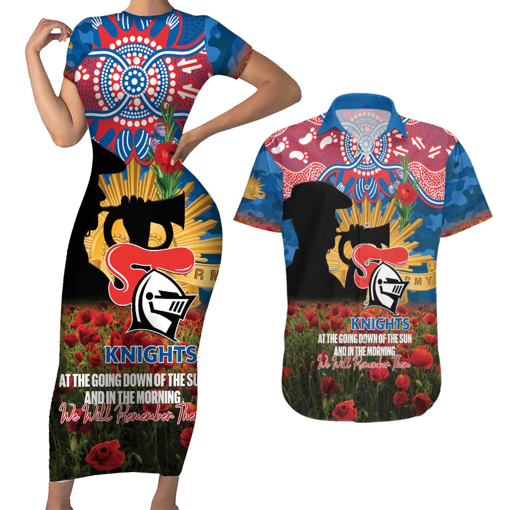Personalised Knights Rugby ANZAC Day Couples Matching Short Sleeve Bodycon Dress and Hawaiian Shirt Last Post Poppy We Will Remember Them