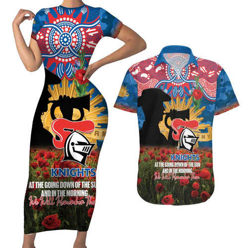 Personalised Knights Rugby ANZAC Day Couples Matching Short Sleeve Bodycon Dress and Hawaiian Shirt Last Post Poppy We Will Remember Them