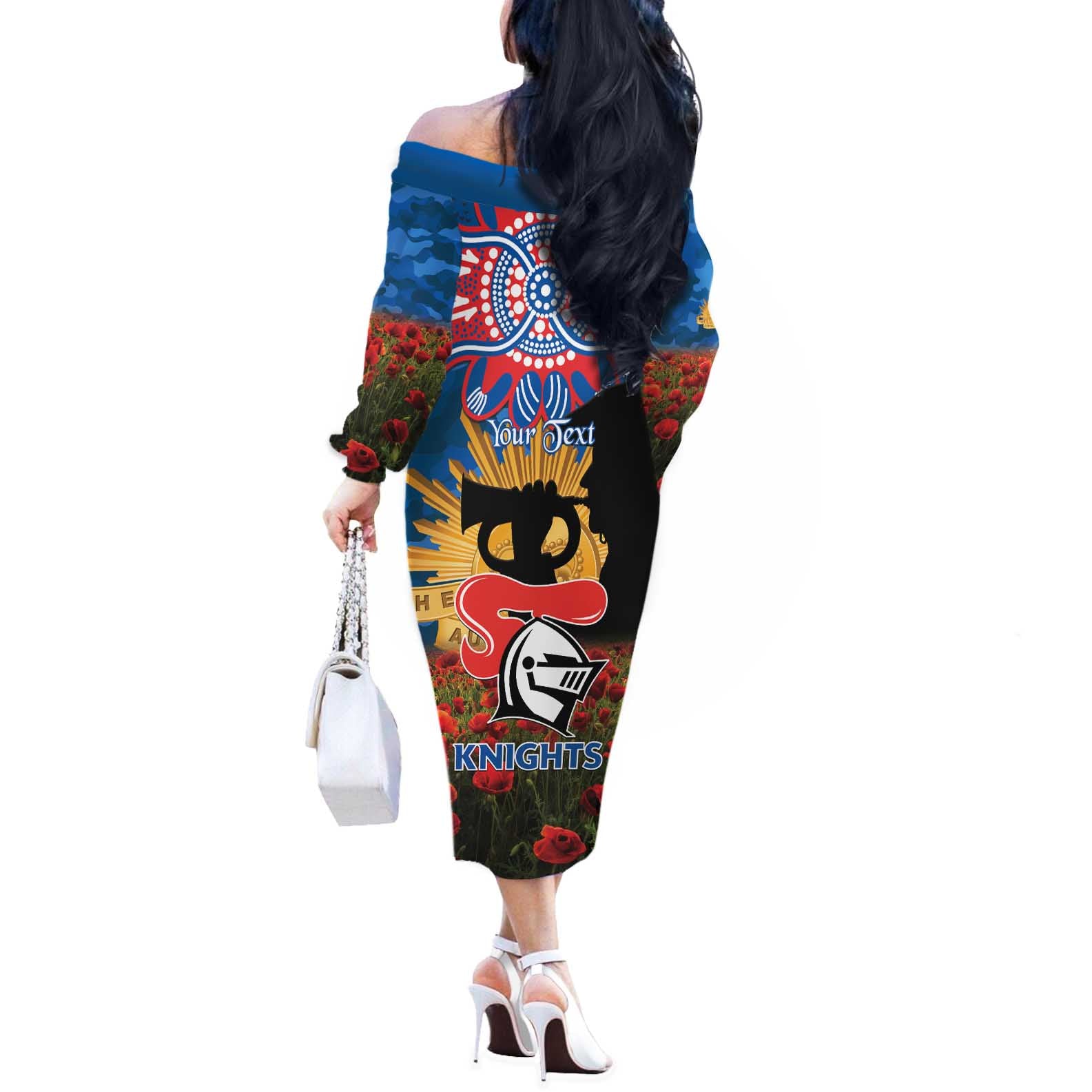 Personalised Knights Rugby ANZAC Day Off The Shoulder Long Sleeve Dress Last Post Poppy We Will Remember Them