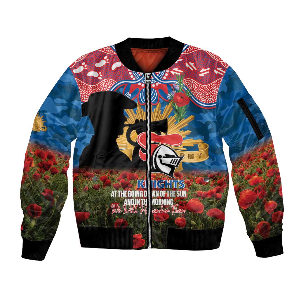 Personalised Knights Rugby ANZAC Day Sleeve Zip Bomber Jacket Last Post Poppy We Will Remember Them