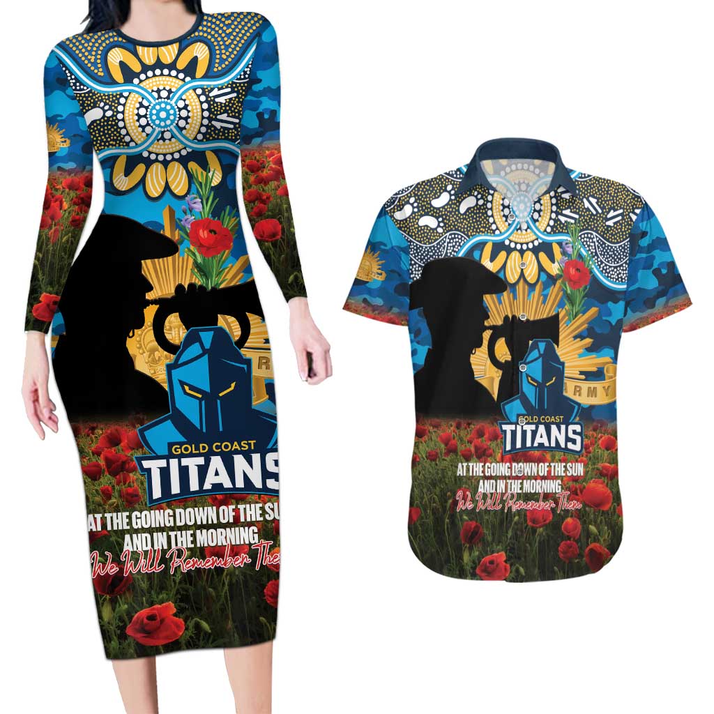 Personalised Titans Rugby ANZAC Day Couples Matching Long Sleeve Bodycon Dress and Hawaiian Shirt Last Post Poppy We Will Remember Them