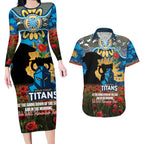 Personalised Titans Rugby ANZAC Day Couples Matching Long Sleeve Bodycon Dress and Hawaiian Shirt Last Post Poppy We Will Remember Them