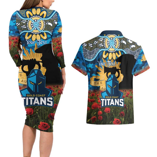 Personalised Titans Rugby ANZAC Day Couples Matching Long Sleeve Bodycon Dress and Hawaiian Shirt Last Post Poppy We Will Remember Them