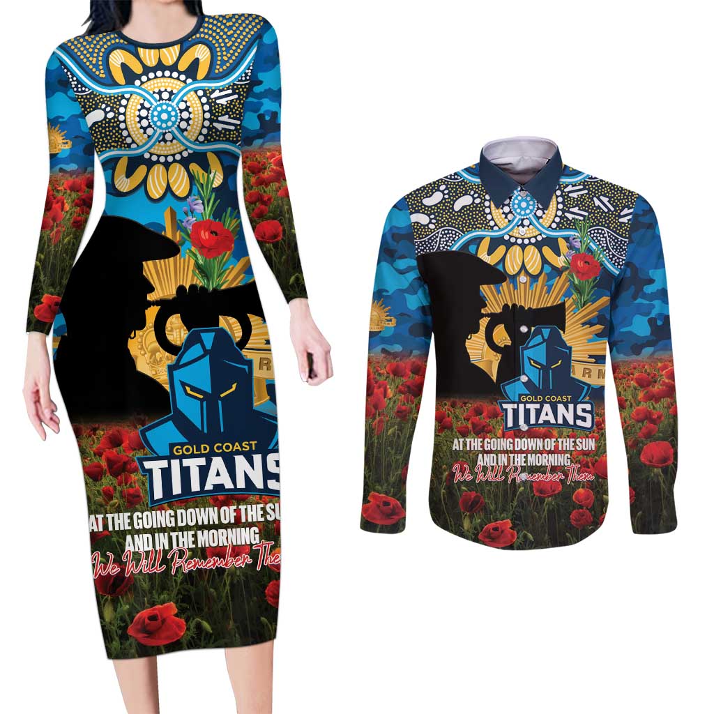 Personalised Titans Rugby ANZAC Day Couples Matching Long Sleeve Bodycon Dress and Long Sleeve Button Shirt Last Post Poppy We Will Remember Them