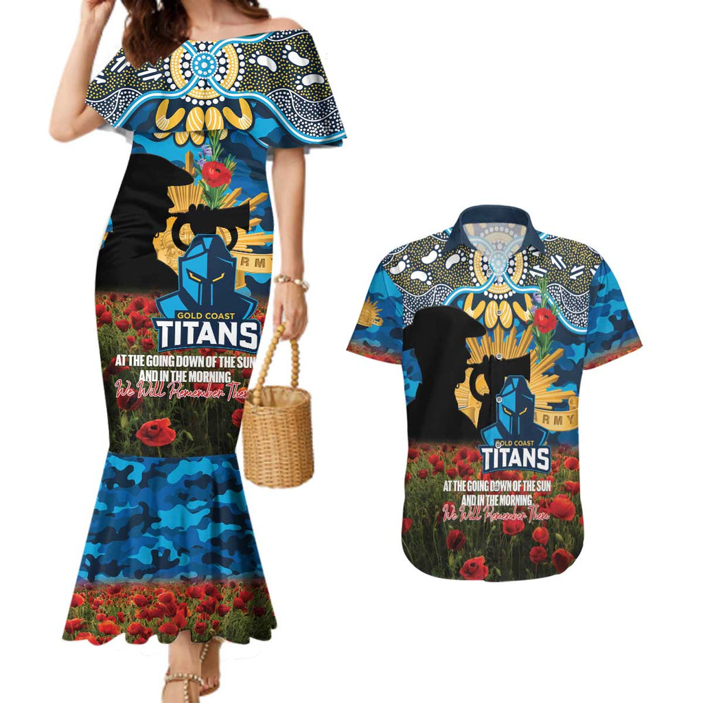 Personalised Titans Rugby ANZAC Day Couples Matching Mermaid Dress and Hawaiian Shirt Last Post Poppy We Will Remember Them