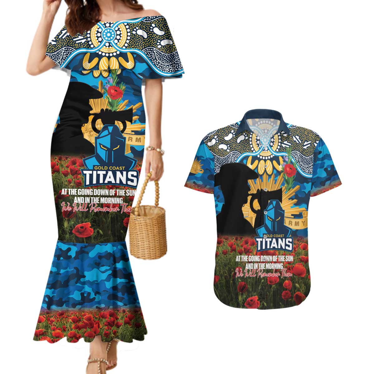 Personalised Titans Rugby ANZAC Day Couples Matching Mermaid Dress and Hawaiian Shirt Last Post Poppy We Will Remember Them