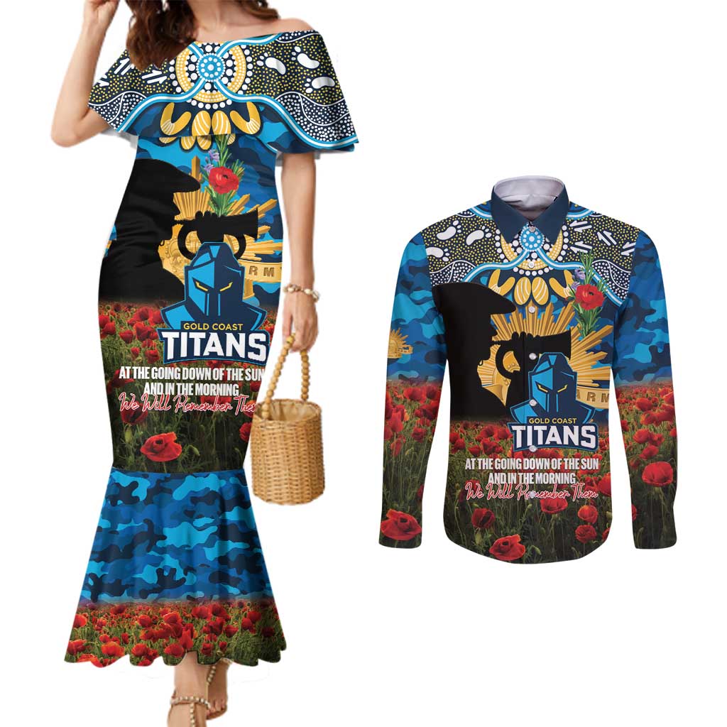 Personalised Titans Rugby ANZAC Day Couples Matching Mermaid Dress and Long Sleeve Button Shirt Last Post Poppy We Will Remember Them