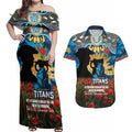 Personalised Titans Rugby ANZAC Day Couples Matching Off Shoulder Maxi Dress and Hawaiian Shirt Last Post Poppy We Will Remember Them