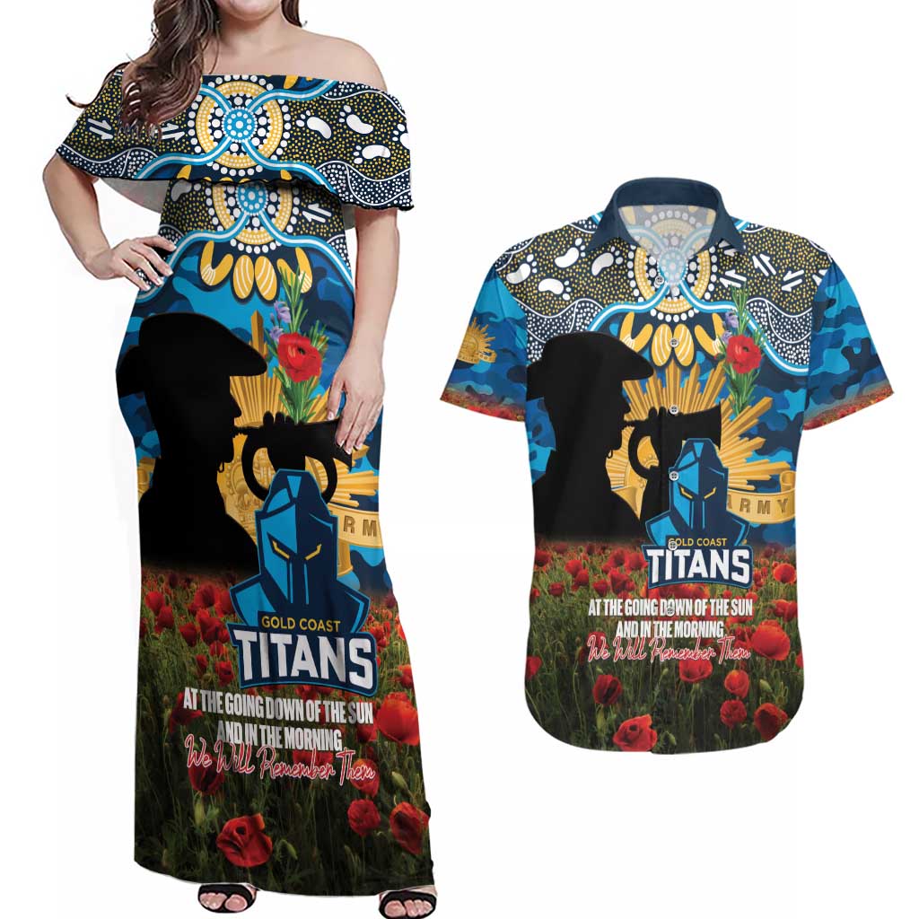 Personalised Titans Rugby ANZAC Day Couples Matching Off Shoulder Maxi Dress and Hawaiian Shirt Last Post Poppy We Will Remember Them