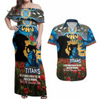 Personalised Titans Rugby ANZAC Day Couples Matching Off Shoulder Maxi Dress and Hawaiian Shirt Last Post Poppy We Will Remember Them