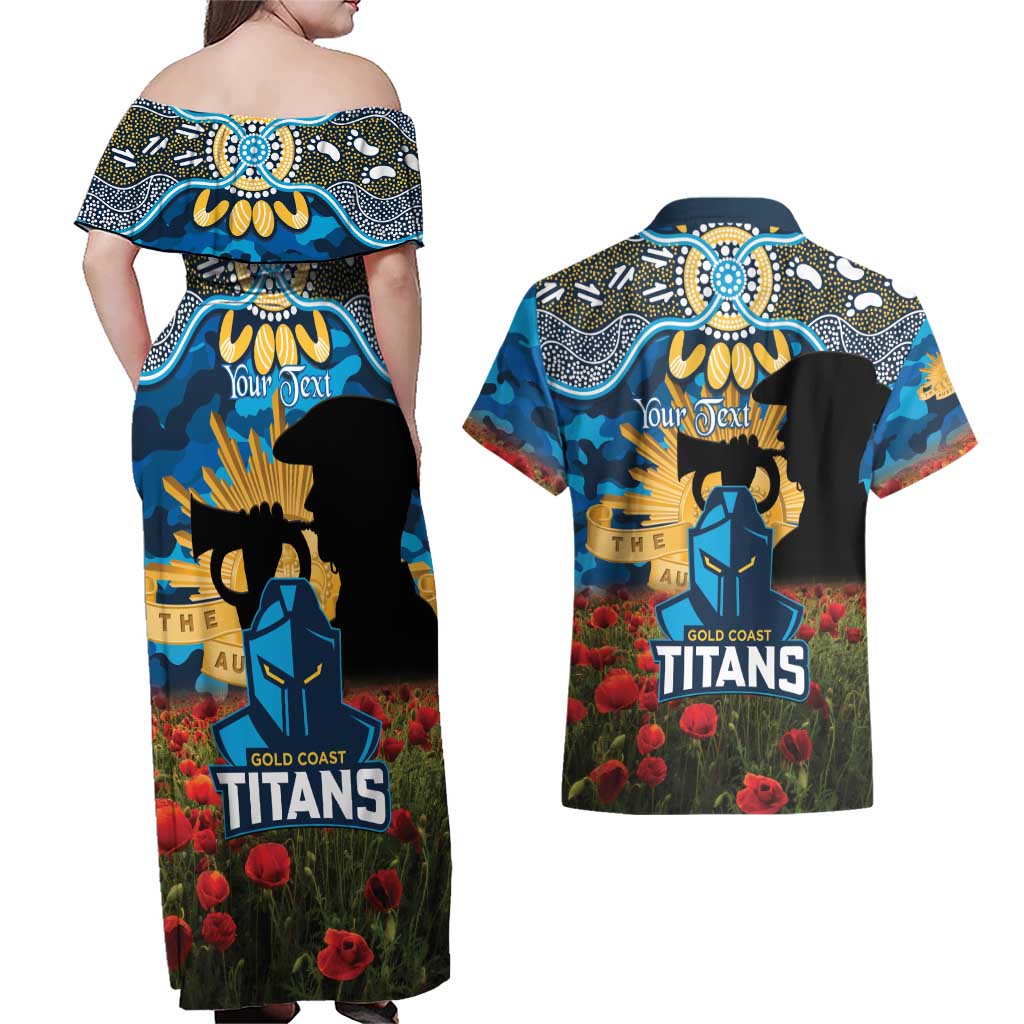Personalised Titans Rugby ANZAC Day Couples Matching Off Shoulder Maxi Dress and Hawaiian Shirt Last Post Poppy We Will Remember Them