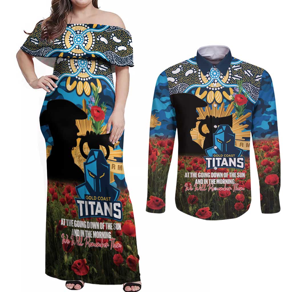 Personalised Titans Rugby ANZAC Day Couples Matching Off Shoulder Maxi Dress and Long Sleeve Button Shirt Last Post Poppy We Will Remember Them