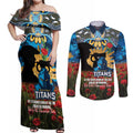 Personalised Titans Rugby ANZAC Day Couples Matching Off Shoulder Maxi Dress and Long Sleeve Button Shirt Last Post Poppy We Will Remember Them