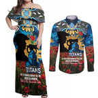 Personalised Titans Rugby ANZAC Day Couples Matching Off Shoulder Maxi Dress and Long Sleeve Button Shirt Last Post Poppy We Will Remember Them