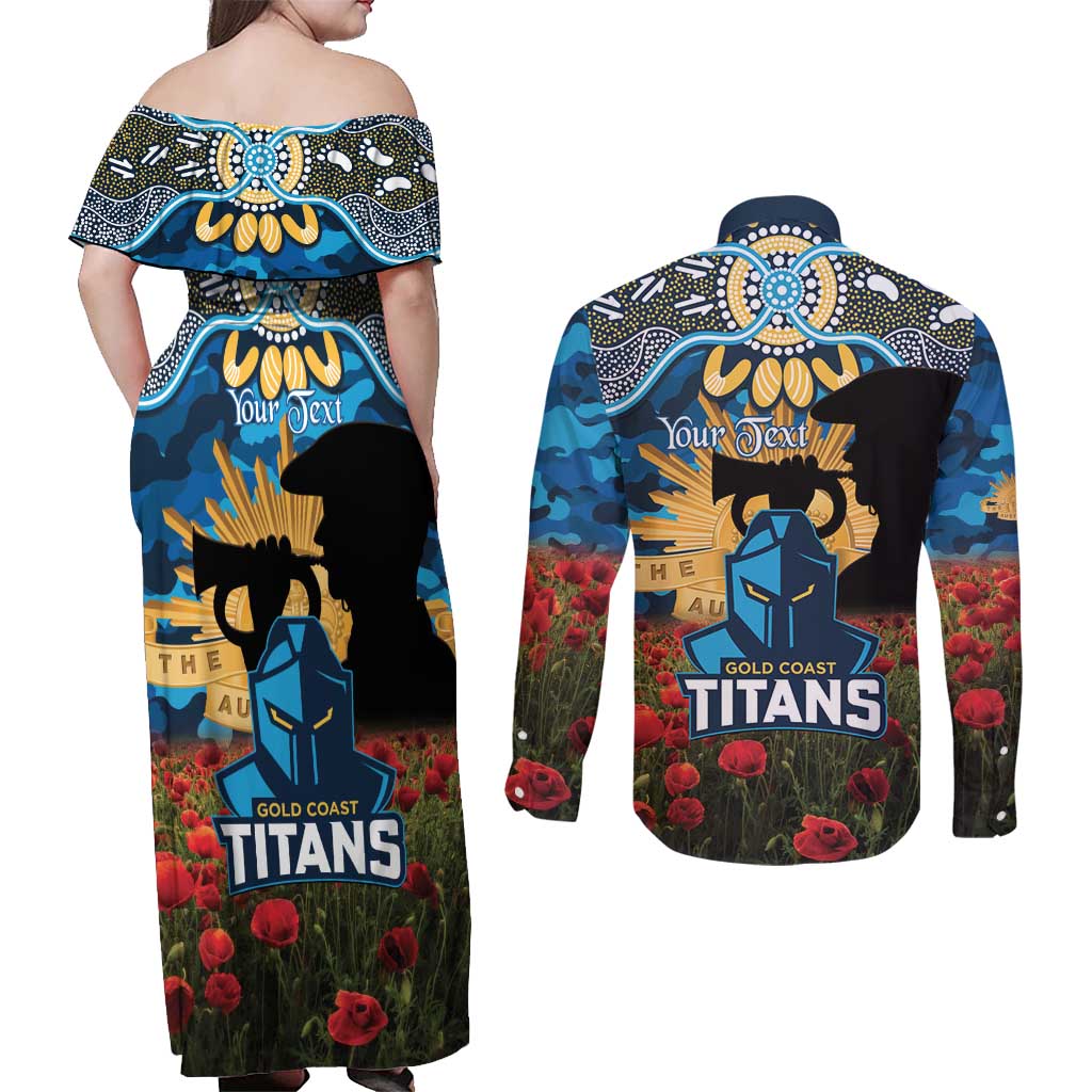 Personalised Titans Rugby ANZAC Day Couples Matching Off Shoulder Maxi Dress and Long Sleeve Button Shirt Last Post Poppy We Will Remember Them