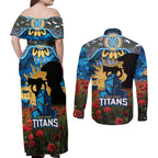 Personalised Titans Rugby ANZAC Day Couples Matching Off Shoulder Maxi Dress and Long Sleeve Button Shirt Last Post Poppy We Will Remember Them