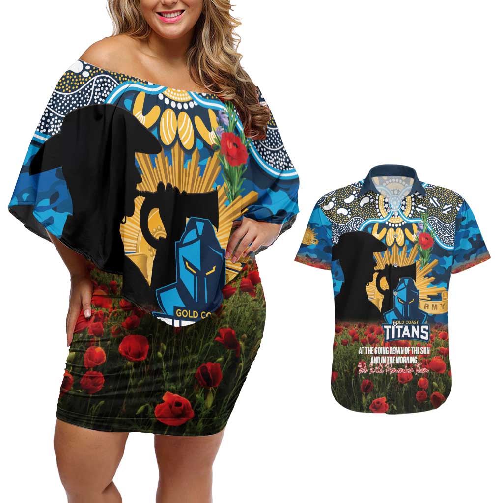 Personalised Titans Rugby ANZAC Day Couples Matching Off Shoulder Short Dress and Hawaiian Shirt Last Post Poppy We Will Remember Them