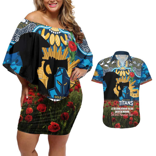 Personalised Titans Rugby ANZAC Day Couples Matching Off Shoulder Short Dress and Hawaiian Shirt Last Post Poppy We Will Remember Them