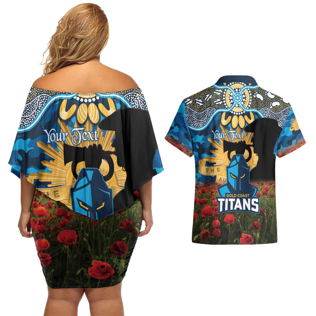 Personalised Titans Rugby ANZAC Day Couples Matching Off Shoulder Short Dress and Hawaiian Shirt Last Post Poppy We Will Remember Them