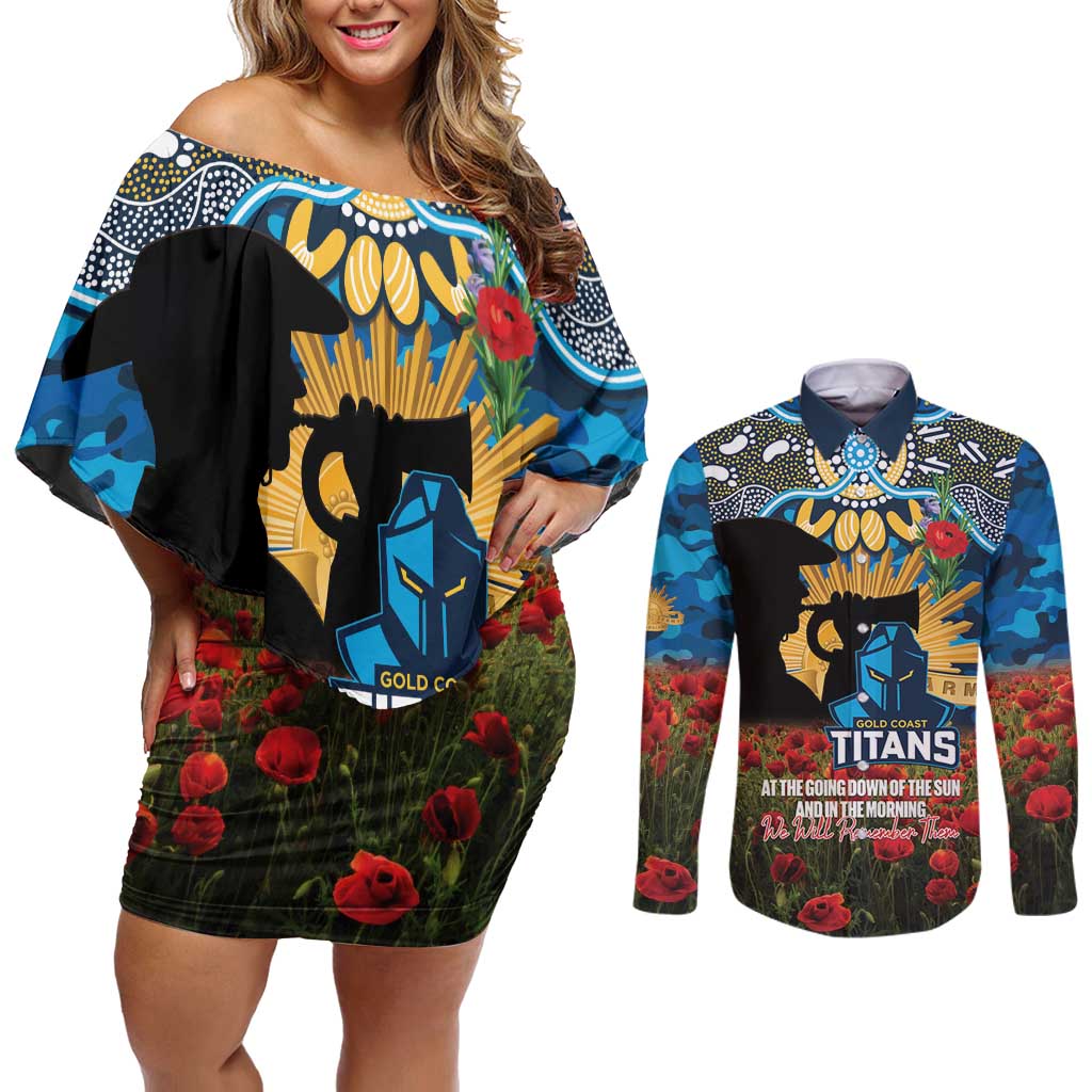 Personalised Titans Rugby ANZAC Day Couples Matching Off Shoulder Short Dress and Long Sleeve Button Shirt Last Post Poppy We Will Remember Them