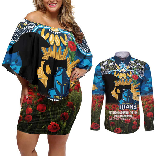 Personalised Titans Rugby ANZAC Day Couples Matching Off Shoulder Short Dress and Long Sleeve Button Shirt Last Post Poppy We Will Remember Them