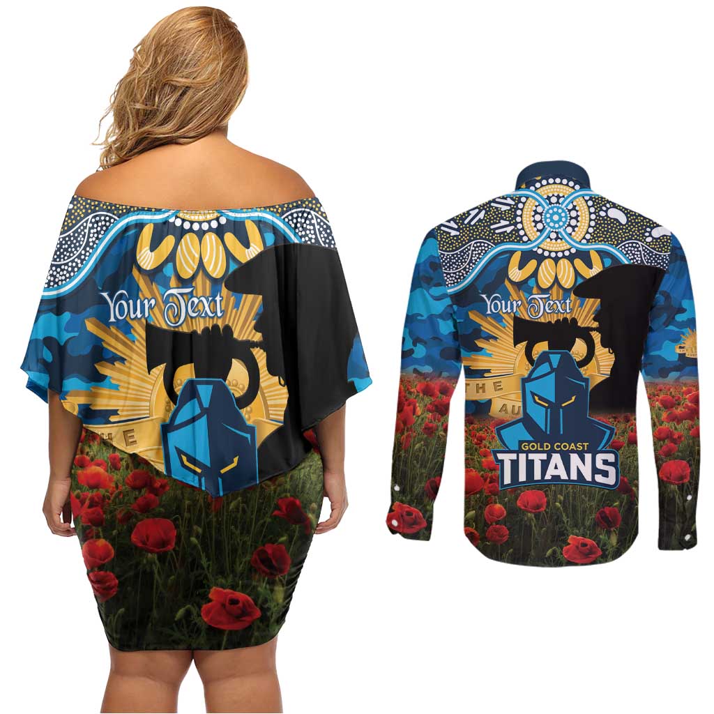 Personalised Titans Rugby ANZAC Day Couples Matching Off Shoulder Short Dress and Long Sleeve Button Shirt Last Post Poppy We Will Remember Them