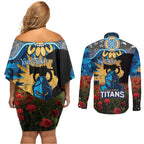 Personalised Titans Rugby ANZAC Day Couples Matching Off Shoulder Short Dress and Long Sleeve Button Shirt Last Post Poppy We Will Remember Them