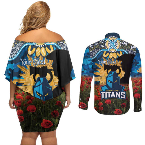 Personalised Titans Rugby ANZAC Day Couples Matching Off Shoulder Short Dress and Long Sleeve Button Shirt Last Post Poppy We Will Remember Them