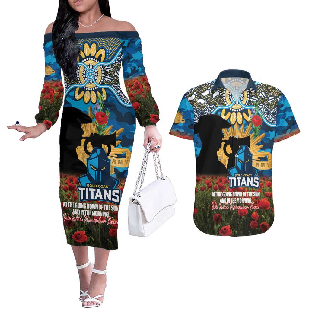 Personalised Titans Rugby ANZAC Day Couples Matching Off The Shoulder Long Sleeve Dress and Hawaiian Shirt Last Post Poppy We Will Remember Them