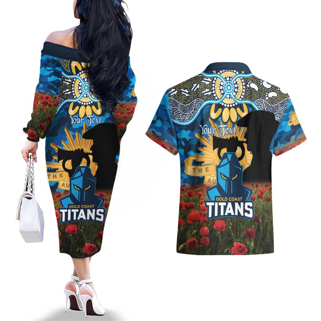 Personalised Titans Rugby ANZAC Day Couples Matching Off The Shoulder Long Sleeve Dress and Hawaiian Shirt Last Post Poppy We Will Remember Them