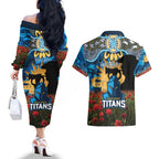 Personalised Titans Rugby ANZAC Day Couples Matching Off The Shoulder Long Sleeve Dress and Hawaiian Shirt Last Post Poppy We Will Remember Them